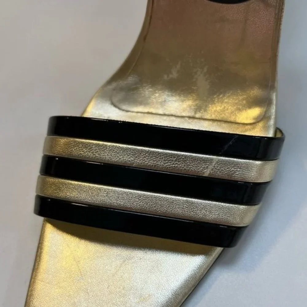 ROGER VIVIER Black Gold Stripe Patent Leather Wedge Sandals Sz 40 US 10 - Picture 6 of 16